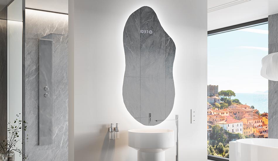 Ebakorrapärane peegel õrna ambient-valgustusega elegantsesse interjööri | ARTFORMA