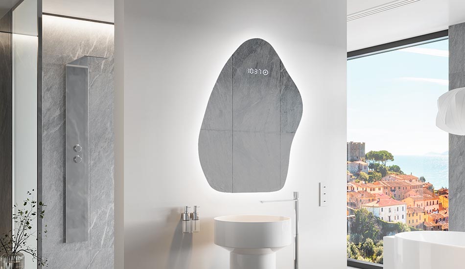 Ebakorrapärane peegel õrna ambient-valgustusega elegantsesse interjööri | ARTFORMA