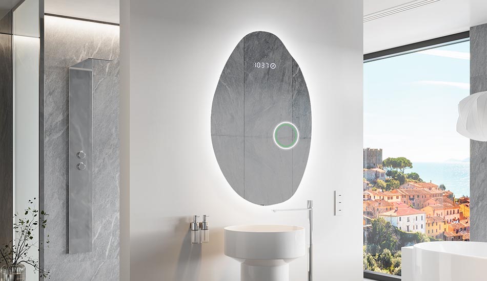 Ebakorrapärane peegel õrna ambient-valgustusega elegantsesse interjööri | ARTFORMA