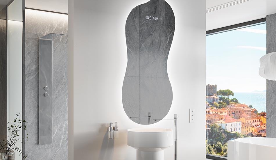 Ebakorrapärane peegel õrna ambient-valgustusega elegantsesse interjööri | ARTFORMA