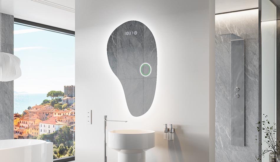 Ebakorrapärane peegel õrna ambient-valgustusega elegantsesse interjööri | ARTFORMA