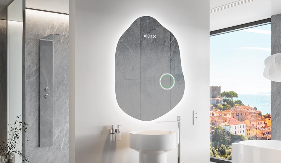 Ebakorrapärane peegel õrna ambient-valgustusega elegantsesse interjööri | ARTFORMA