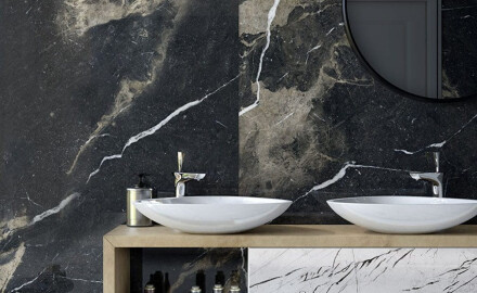 Suurformaadiline gres-plaat 120x270 cm, mattmust, kuldse joonega, rektifitseeritud A4H196 Pierre Black