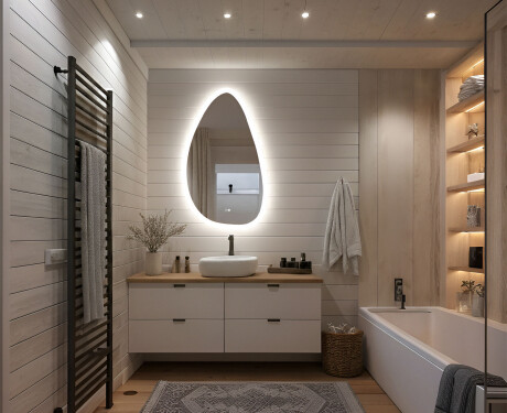 Ebaühtlane peegel valgustusega, 64×104 cm, kahevärviline, puute‑lüliti, soojendusmatt