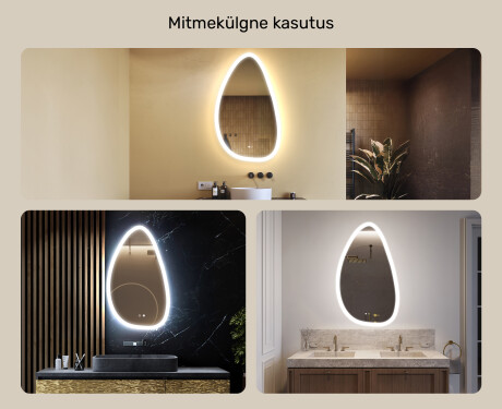 Ebaühtlane peegel valgustusega, 64×104 cm, kahevärviline, puute‑lüliti, soojendusmatt #2