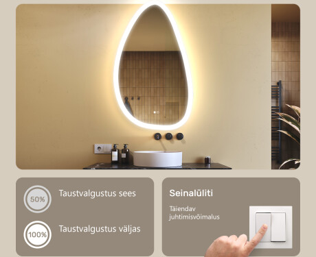 Ebaühtlane peegel valgustusega, 64×104 cm, kahevärviline, puute‑lüliti, soojendusmatt #4