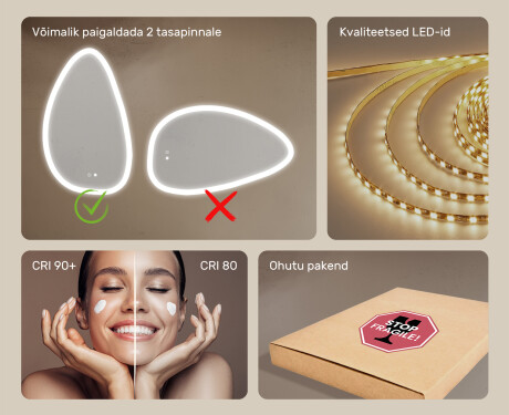 Ebaühtlane peegel valgustusega, 64×104 cm, kahevärviline, puute‑lüliti, soojendusmatt #6