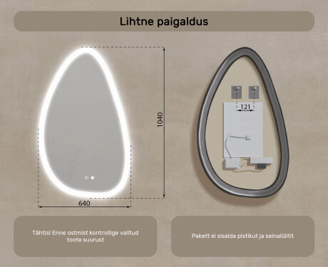 Ebaühtlane peegel valgustusega, 64×104 cm, kahevärviline, puute‑lüliti, soojendusmatt #8