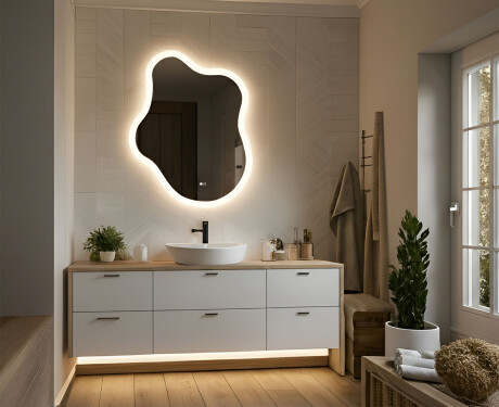 Ebaühtlane peegel valgustusega, 74×94 cm, kahevärviline, puute‑lüliti, soojendusmatt