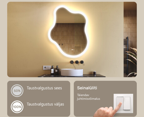 Ebaühtlane peegel valgustusega, 74×94 cm, kahevärviline, puute‑lüliti, soojendusmatt #4