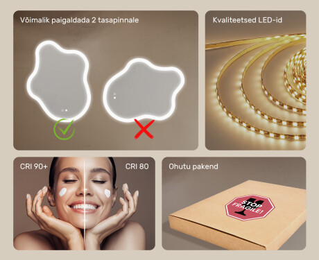 Ebaühtlane peegel valgustusega, 74×94 cm, kahevärviline, puute‑lüliti, soojendusmatt #6