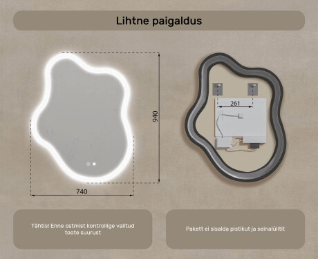 Ebaühtlane peegel valgustusega, 74×94 cm, kahevärviline, puute‑lüliti, soojendusmatt #8