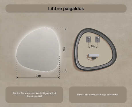 Ebaregulaarne peegel LED valgustatud dekoratiivne disain 74x74cm jaheda LED värviga 7000K, sooja värviga 3000K või neutraalse värviga 4500K. #7