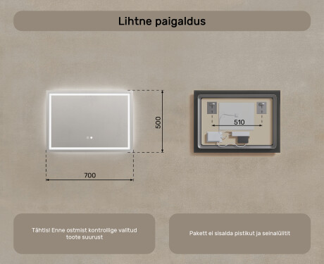 Disaineri taustavalgustusega LED-vannitoa peegel 70x50cm, kahe värvi, puutetundliku lüliti, Demister - L49 #8