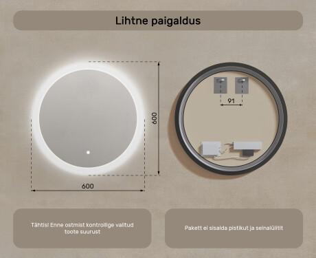 Ümmargune vannitoa peegel LED-valgusega 60cm kahe värviga, puutetundlik lüliti #7