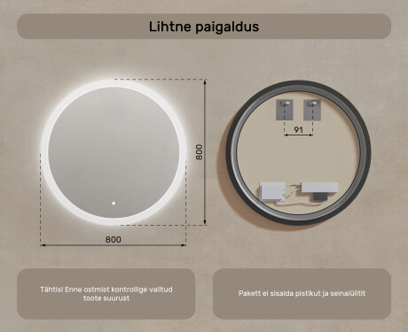 Ümmargune LED-valgustusega vannitoa peegel 80cm kahe värviga, puutetundlik lüliti #7