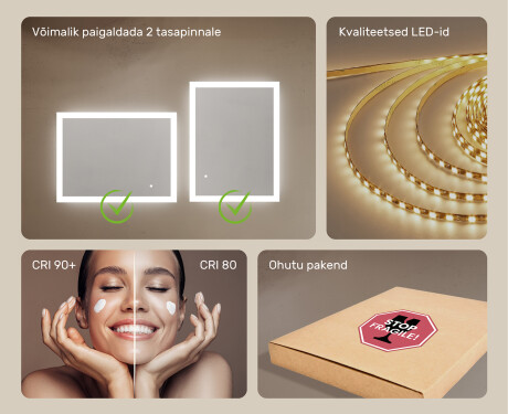 Ristkülikukujuline vannitoa peegel LED-valgustusega 80x60cm, Dual color, Touch Switch #5