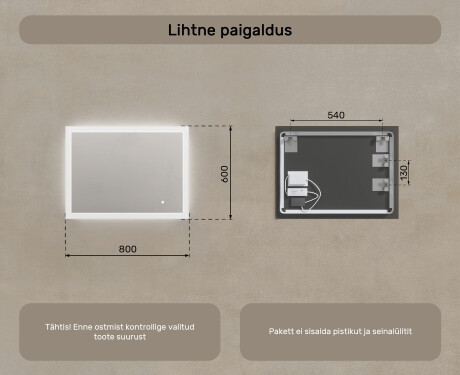 Ristkülikukujuline vannitoa peegel LED-valgustusega 80x60cm, Dual color, Touch Switch #7