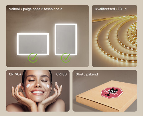 Valgustatud ristkülikukujuline vannitoa peegel 100x70cm Dual color, Touch Switch #5