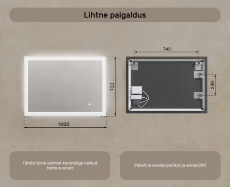 Valgustatud ristkülikukujuline vannitoa peegel 100x70cm Dual color, Touch Switch #7
