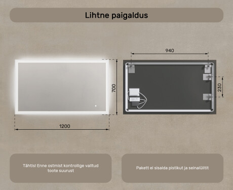 Ristkülikukujuline taustavalgustusega vannitoa peegel 120x70cm, Dual color, Touch Switch #7