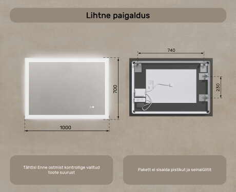 Valgustusega ristkülikukujuline vannitoa peegel 100x70cm Dual color, Touch Switch, Demister #8