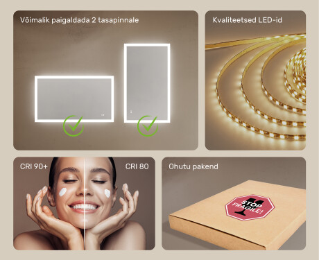Ristkülikukujuline taustavalgustusega vannitoa peegel 120x70cm, Dual color, Touch Switch, Demister #6