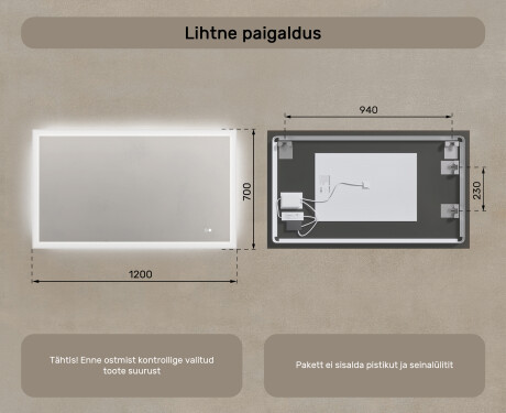 Ristkülikukujuline taustavalgustusega vannitoa peegel 120x70cm, Dual color, Touch Switch, Demister #8