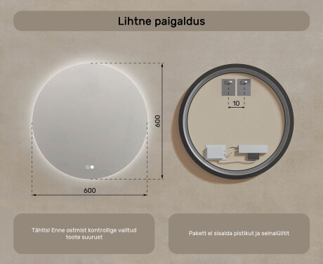 Ümmargune peegel valgustusega 60 cm, kahevärviline, puutetundlik lüliti, soojendusmatt #7