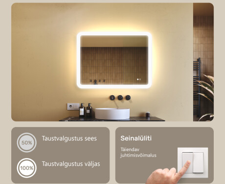 Ümar vannitoapeegel LED-valgustusega, 80×60 cm, kahevärviline, puute‑lüliti, soojendusmatt #4