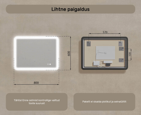 Ümar vannitoapeegel LED-valgustusega, 80×60 cm, kahevärviline, puute‑lüliti, soojendusmatt #8