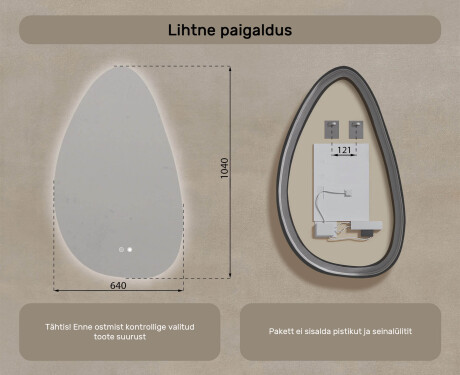 Ebaühtlane peegel valgustusega, 64×104 cm, kahevärviline, puute‑lüliti, soojendusmatt #8