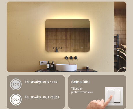 Ümar vannitoapeegel LED-valgustusega, 80×60 cm, kahevärviline, puute‑lüliti, soojendusmatt #4
