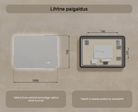 Ümar vannitoapeegel LED‑valgustusega, 100×70 cm, kahevärviline, puute‑lüliti, soojendusmatt #8