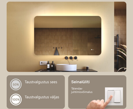Ümar vannitoapeegel LED-valgustusega, 120×70 cm, kahevärviline, puute‑lüliti, soojendusmatt #4