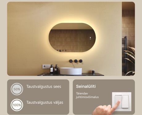 Ovaalne LED-valgustusega peegel 80x50/50x80 cm, kahevärviline, puutetundlik lüliti, soojendusmatt #4