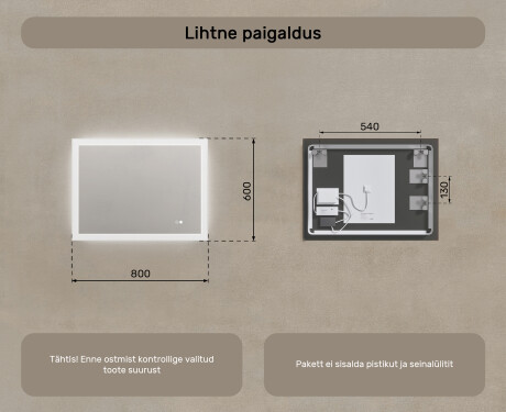Ristkülikukujuline LED-vannitoapeegel 80x60/60x80 cm Dual Color funktsiooni, puutelüliti ja soojendusmatiga #7