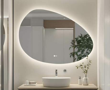 Ebaühtlane peegel valgustusega, 114×84 cm, kahevärviline, puute‑lüliti, soojendusmatt