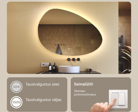 Ebaühtlane peegel valgustusega, 114×84 cm, kahevärviline, puute‑lüliti, soojendusmatt #4