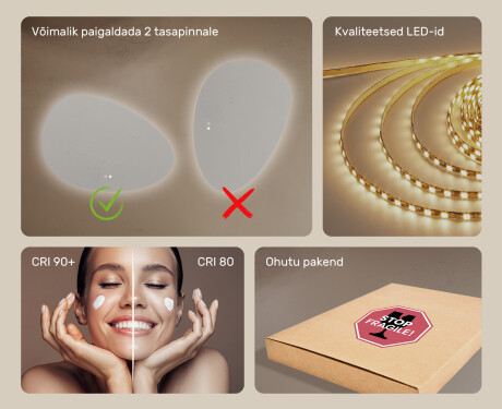 Ebaühtlane peegel valgustusega, 114×84 cm, kahevärviline, puute‑lüliti, soojendusmatt #6