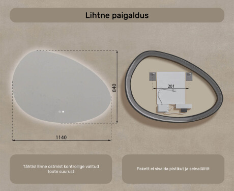 Ebaühtlane peegel valgustusega, 114×84 cm, kahevärviline, puute‑lüliti, soojendusmatt #8