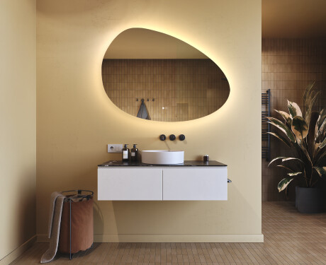 Ebaühtlane peegel valgustusega, 114×84 cm, kahevärviline, puute‑lüliti, soojendusmatt #9