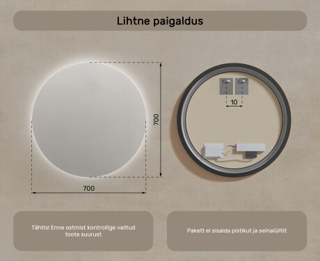 Ümmargune tagantjärele valgustatud LED-vannitoa peegel 70cm jaheda LED-värviga 7000K, sooja värviga 3000K või neutraalse värviga 4500K #7