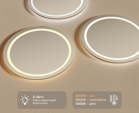 Ümmargune tagantjärele valgustatud LED-vannitoa peegel 80cm, jaheda LED-värviga 7000K, sooja värviga 3000K või neutraalse värviga 4500K #3
