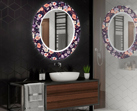 Ümmargune dekoratiivne peegel koos LED-valgustusega vannitoas - Elegantne lilled #2