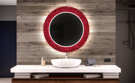 Ümmargune dekoratiivne peegel koos LED valgustusega vannitoas - punane mosaiik
